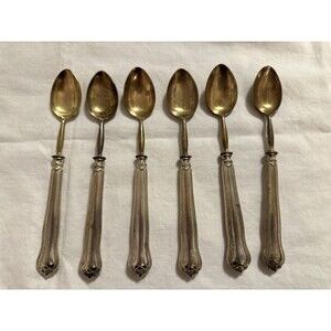 Set of 6 Vintage European Silver-Plated Demitasse Spoons with Gold-Toned Bowls